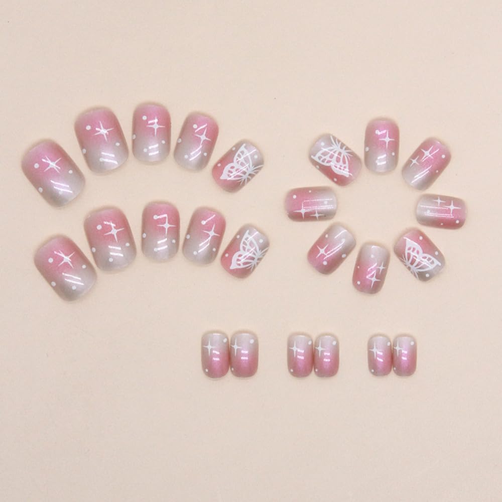 Uñas postizas cortas cuadradas a presión, uñas postizas con pegamento en polvo Aurora, uñas acrílicas con diseños de estrellas de mariposa, uñas