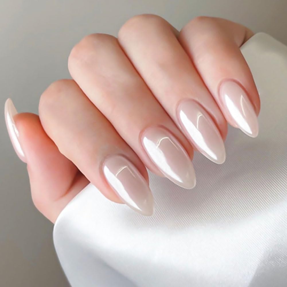 24 uñas postizas medianas a presión de almendra, uñas postizas cromadas blancas perla brillante, uñas postizas de cobertura completa, uñas acrílicas