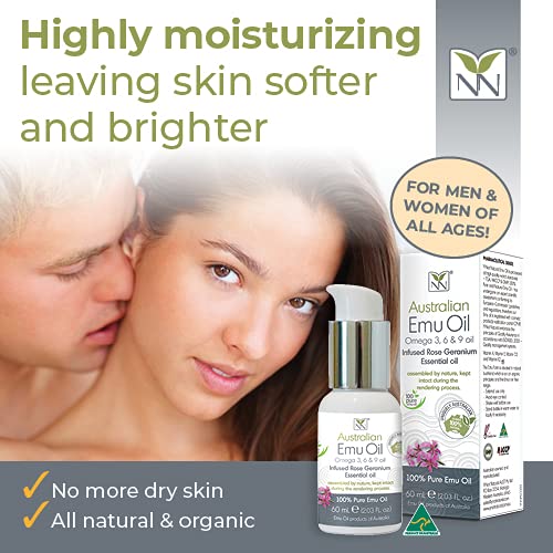 Y-Not Natural – Aceite de emú orgánico farmacéutico 100% puro, 2.0 fl oz, aceite aborigen Omega 3, 6 y 9 de corral libre infundido con geranio rosa