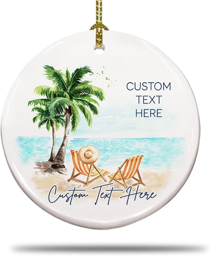 Adorno de Navidad personalizado para parejas en la playa, texto personalizado, bonito adorno de playa, vacaciones memorables, adorno de playa de