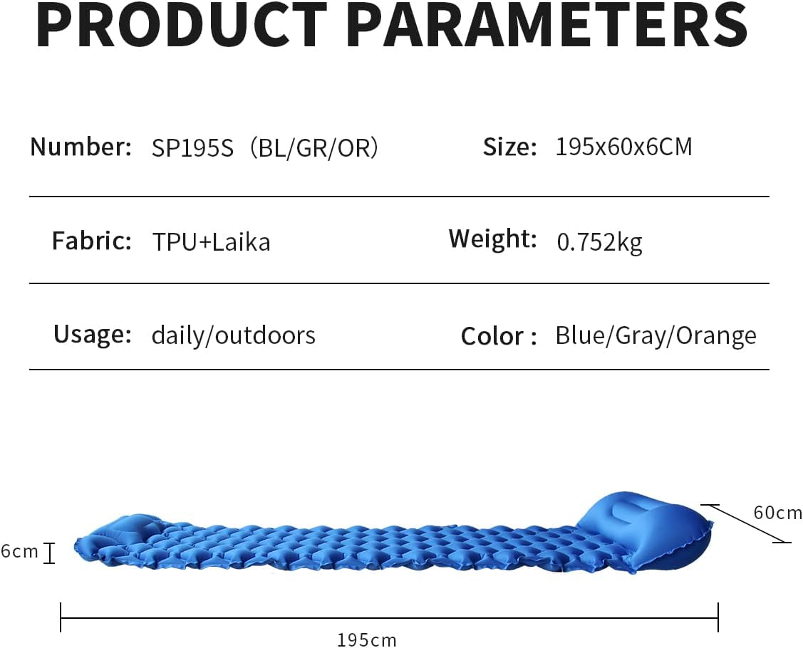 Baiao Colchoneta de dormir inflable para camping, colchoneta de dormir con almohada de 77 x 24 pulgadas, alfombrilla de dormir ultraligera con bomba
