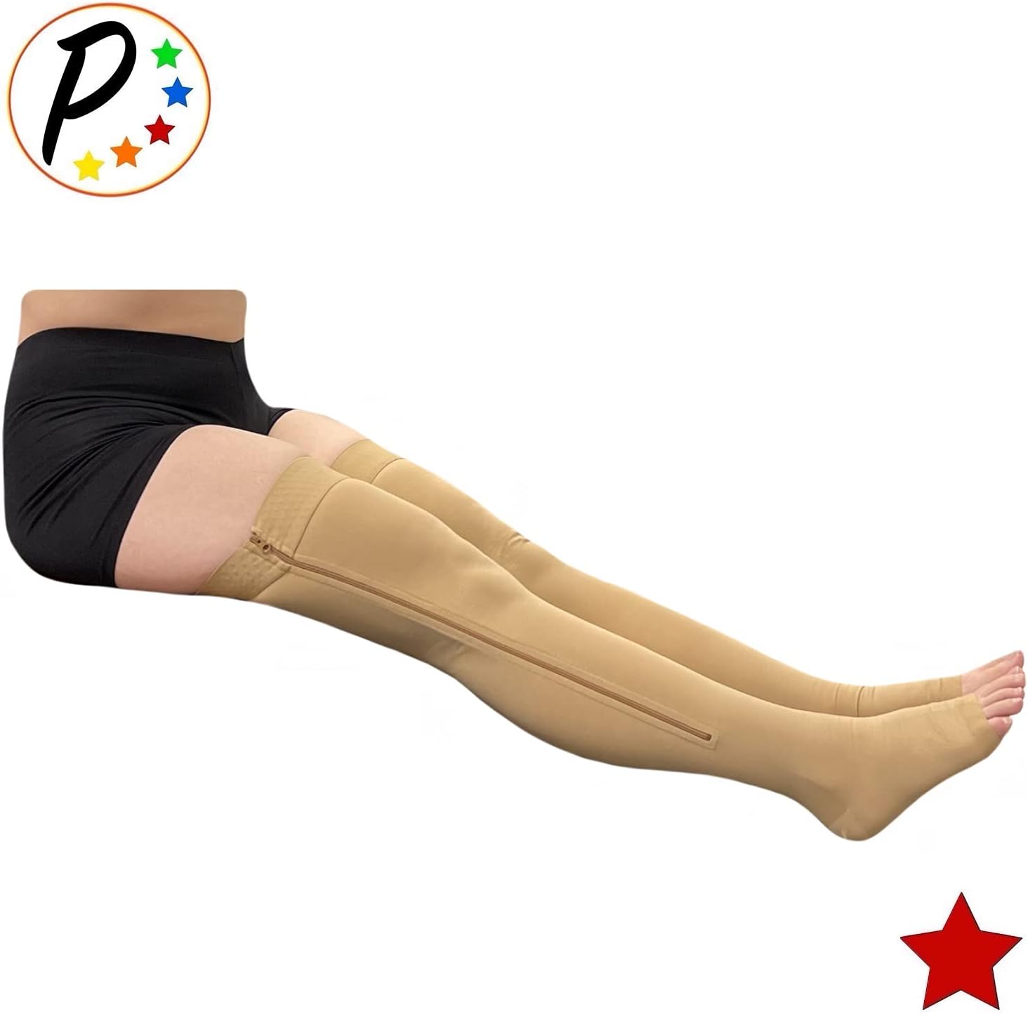 Punta abierta hasta el muslo 20-30 mmHg Pierna de compresión firme con cremallera YKK (beige, 0)