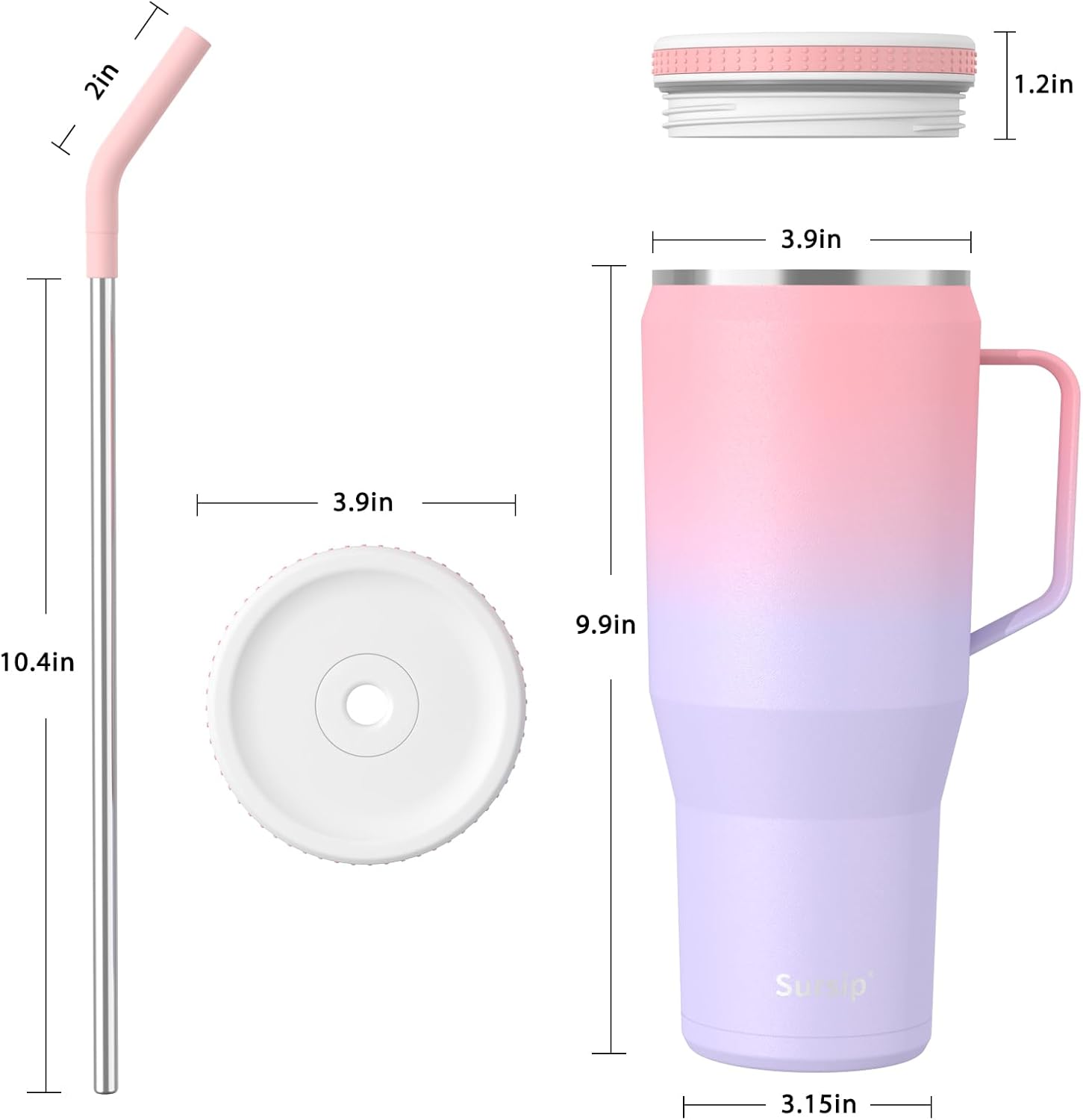 Sursip Vaso de 50 onzas con asa y tapa con pajilla, de acero inoxidable aislado al vacío, para café, viaje, mantiene el frío durante 24 horas, a