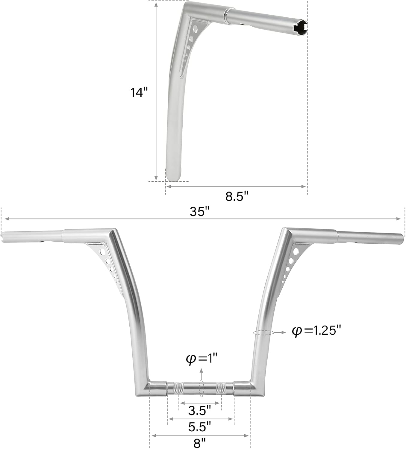 Green-L Manillar de cromo satinado de 14 pulgadas de altura de 1 14 pulgadas Fat Ape Hanger Bar apto para Harley Sportster XL1200 XL883