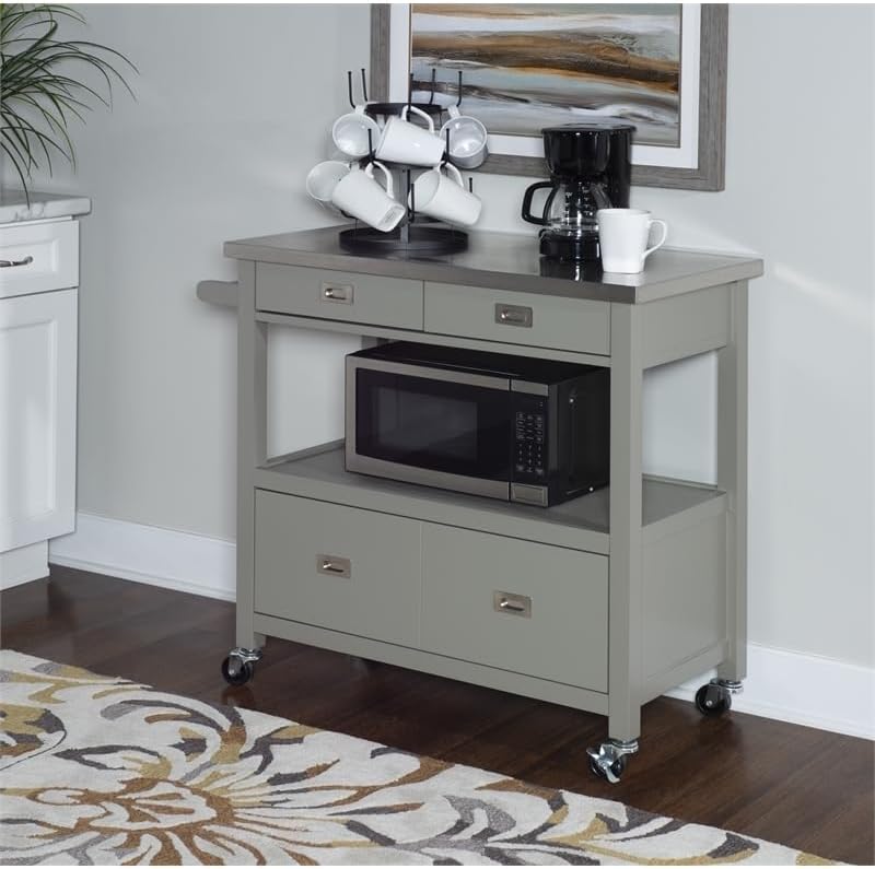 Riverbay Furniture Carrito de isla de cocina de microondas con tapa de acero inoxidable de madera de pino en gris