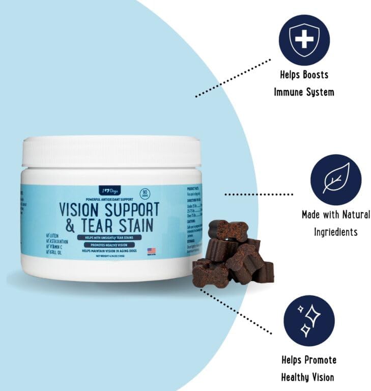 iHeartDogs Masticables para la visión y las manchas de lágrimas para perros, suplemento para el cuidado de los ojos del perro para la humedad de los