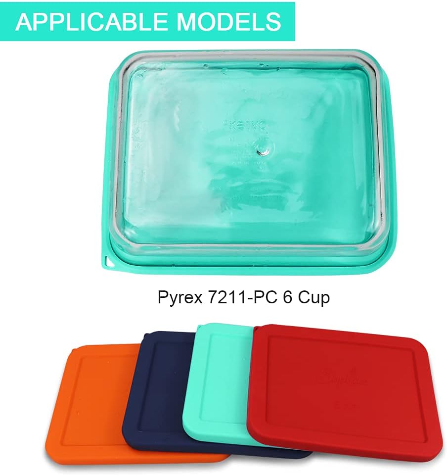 Sophico Tapa rectangular de almacenamiento de silicona para 6 tazas de repuesto para cuencos de vidrio Pyrex 7211-PC, recipiente no incluido (menta)