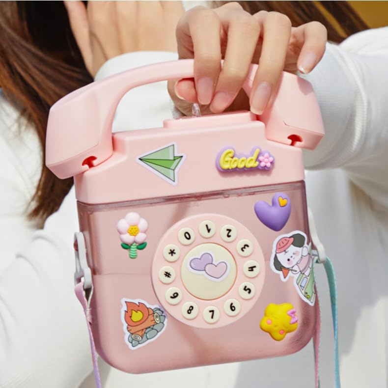 YunQin Botella de agua creativa con forma de teléfono retro de 13.5 fl oz con correa ajustable para el hombro, botellas a prueba de fugas Kawaii con
