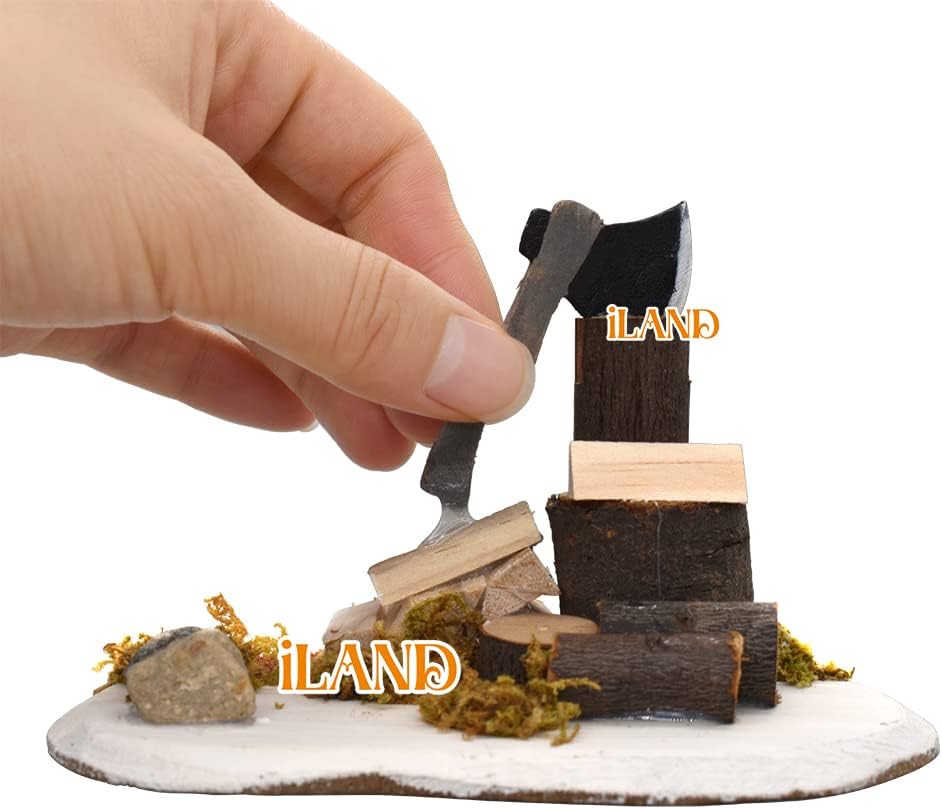 iland Accesorios para casa de muñecas en escala 112, juego de granja de casa de muñecas incluido Pozo de deseos de madera y hacha con leña y