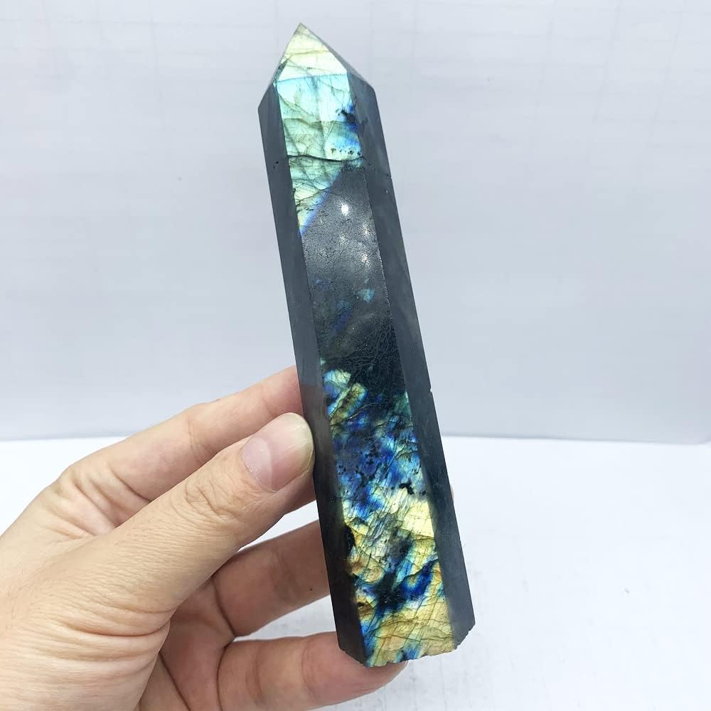 FEIXI Piedra curativa de labradorita de cristal natural, piedra curativa de cuarzo con obelisco, piedra energética (1.5 libras)