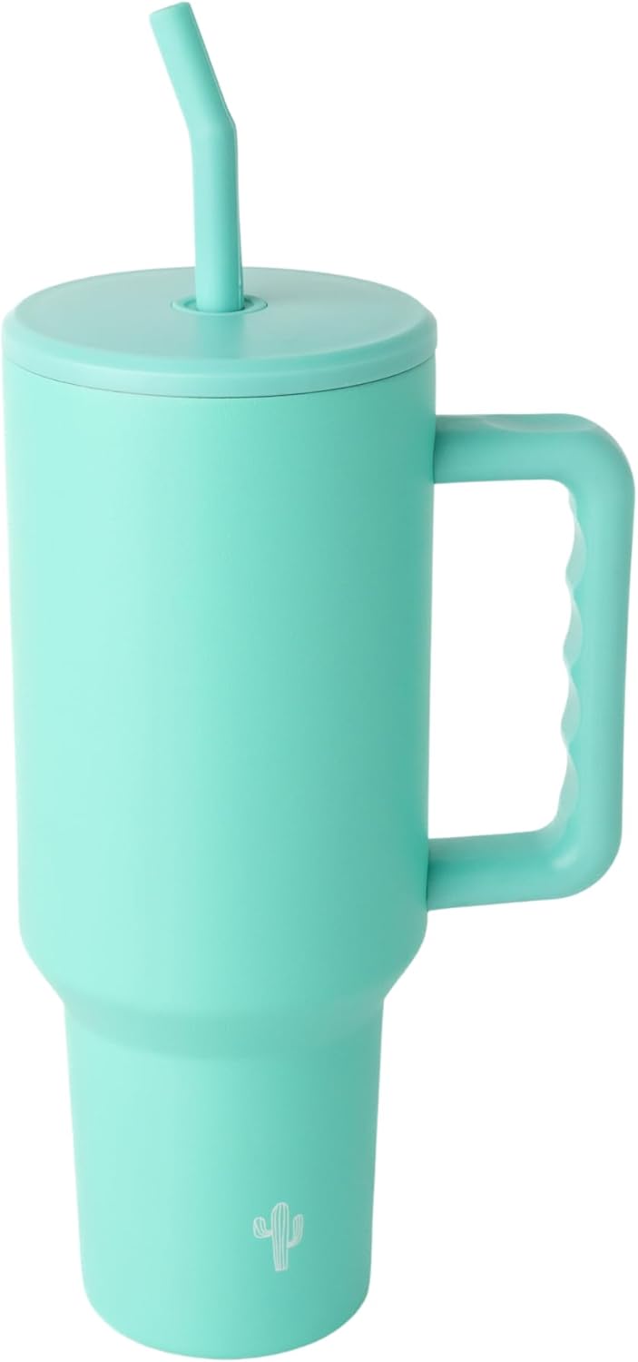 Vaso aislado de acero inoxidable de 40 onzas, tapa antiderrames, asa y 2 popotes, apto para portavasos y apto para lavavajillas, a prueba de fugas