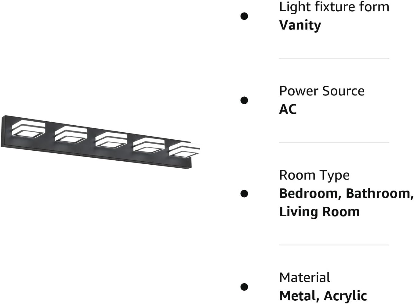 Ralbay Moderna luz LED negra para tocador, 5 luces, luces LED modernas para tocador de baño, espejo largo, acrílico, arriba y abajo, negro mate,