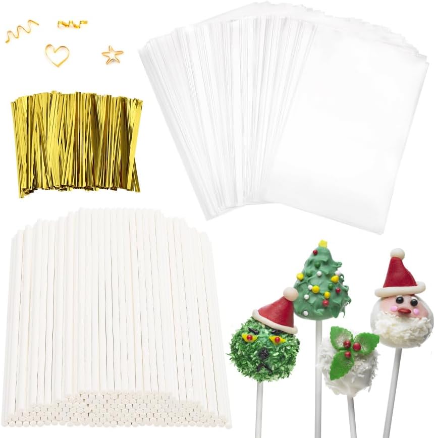 Juego de 600 palitos y envoltorios para tartas, incluye palitos de papel de 6 pulgadas, bolsas transparentes de 4 x 6 pulgadas y lazos dorados,
