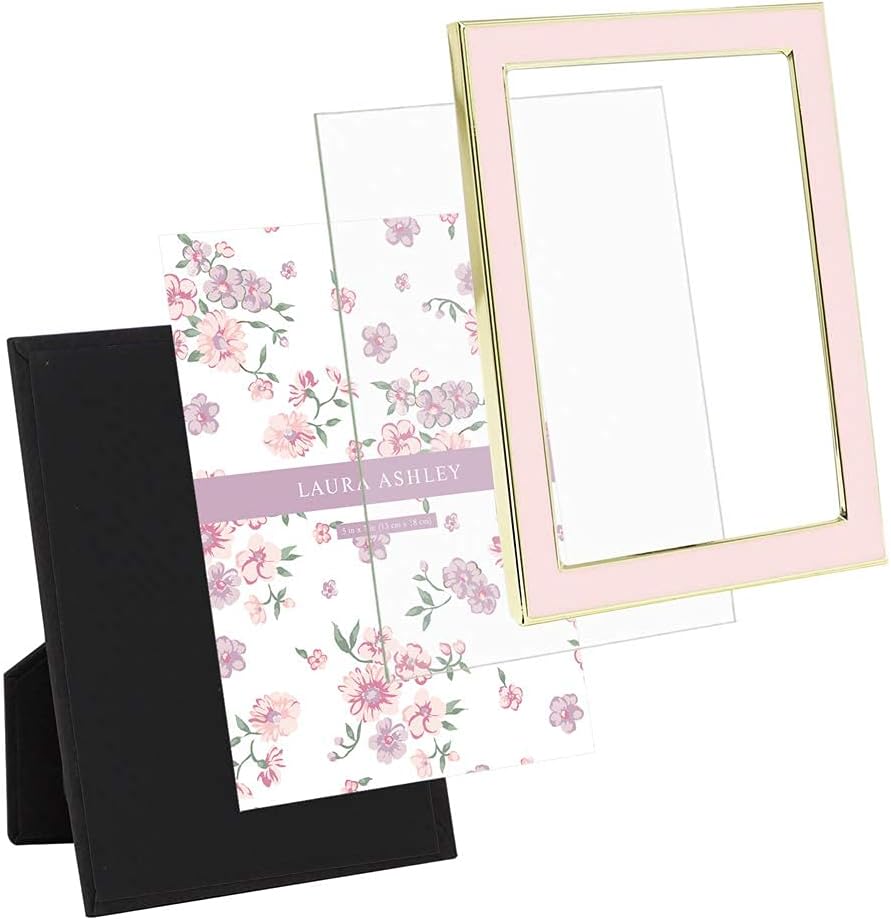 Laura Ashley Marco de fotos esmaltado rosa de 5 x 7 pulgadas, borde de metal dorado con caballete, para encimera, encimera, exhibidor de mesa,
