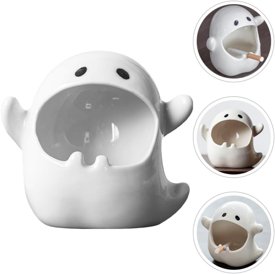 Decoración de oficina para hombres, cenicero fantasma de Halloween, soporte de cenizas de cerámica, bandeja de cenizas portátil decorativa, bandeja