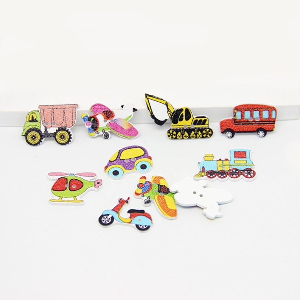 TEHAUX 50 botones de madera, botones decorativos de dibujos animados, lindos botones en forma de automóvil, camión, avión, barco, botones de costura