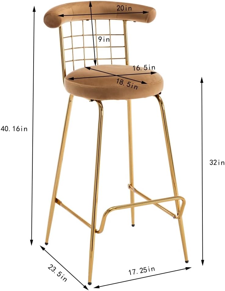 Juego de 2 taburetes altos de terciopelo de lujo con patas de metal y respaldo suave, sillas modernas de comedor sin brazos, taburetes de bar para