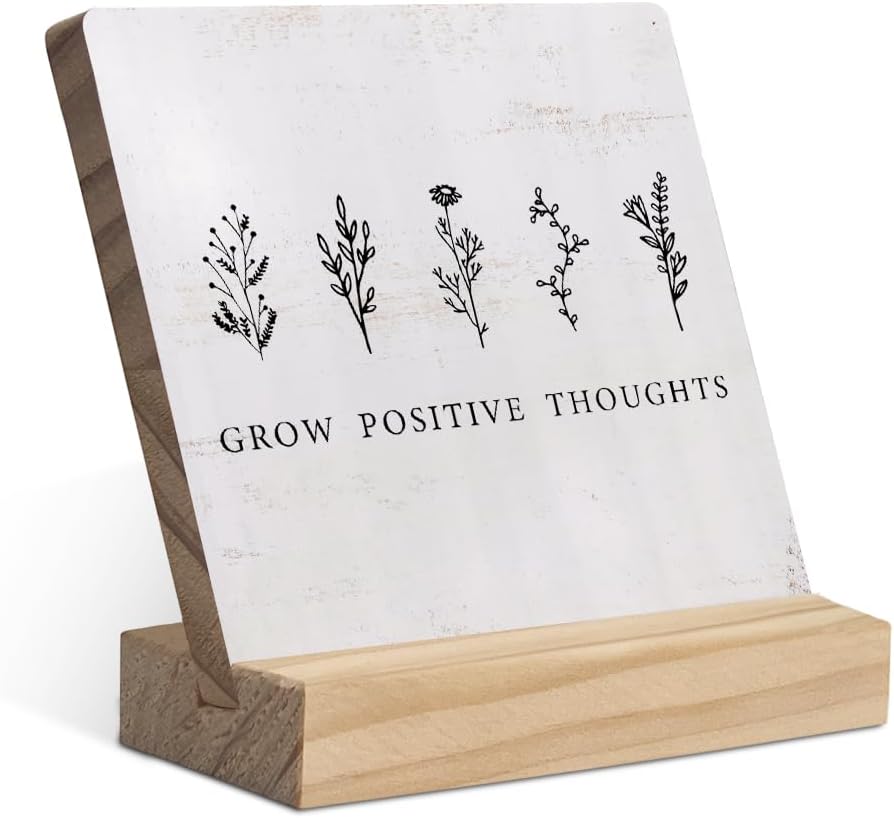 Decoración bohemia, letrero de placa de madera con texto en inglés “Grow Positive Thoughts Mental Health”, decoración de escritorio para estante de