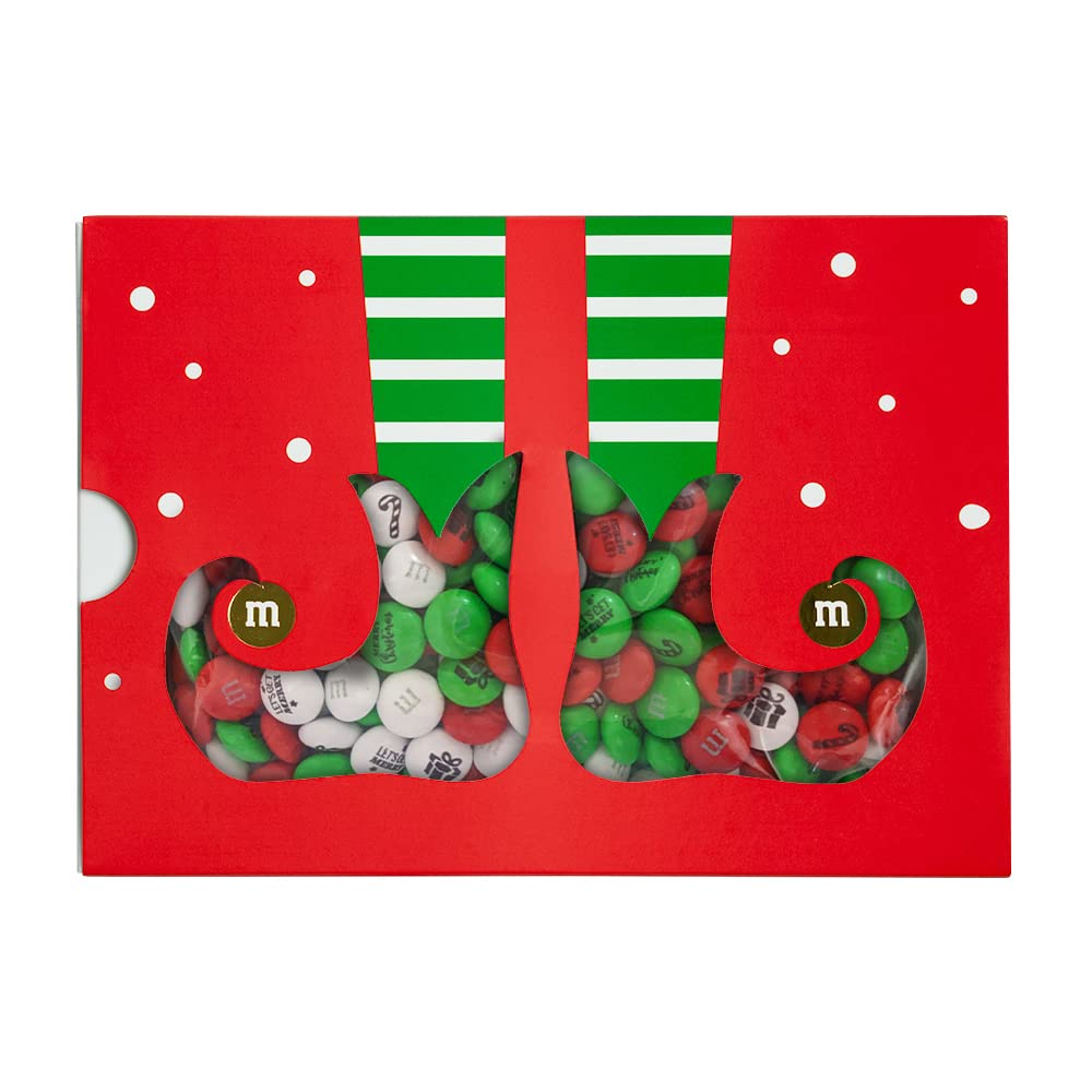 M&M’S Caja de regalo de Feliz Navidad de chocolate con leche, 1 libra de dulces de chocolate de M&M’S verdes, rojos y blancos con imágenes festivas