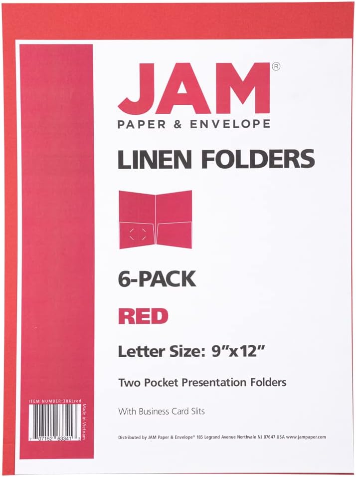 JAM Paper, dos carpetas de bolsillo de tela negra, paquetes de varios tamaños, rojo  (Red Linen)
