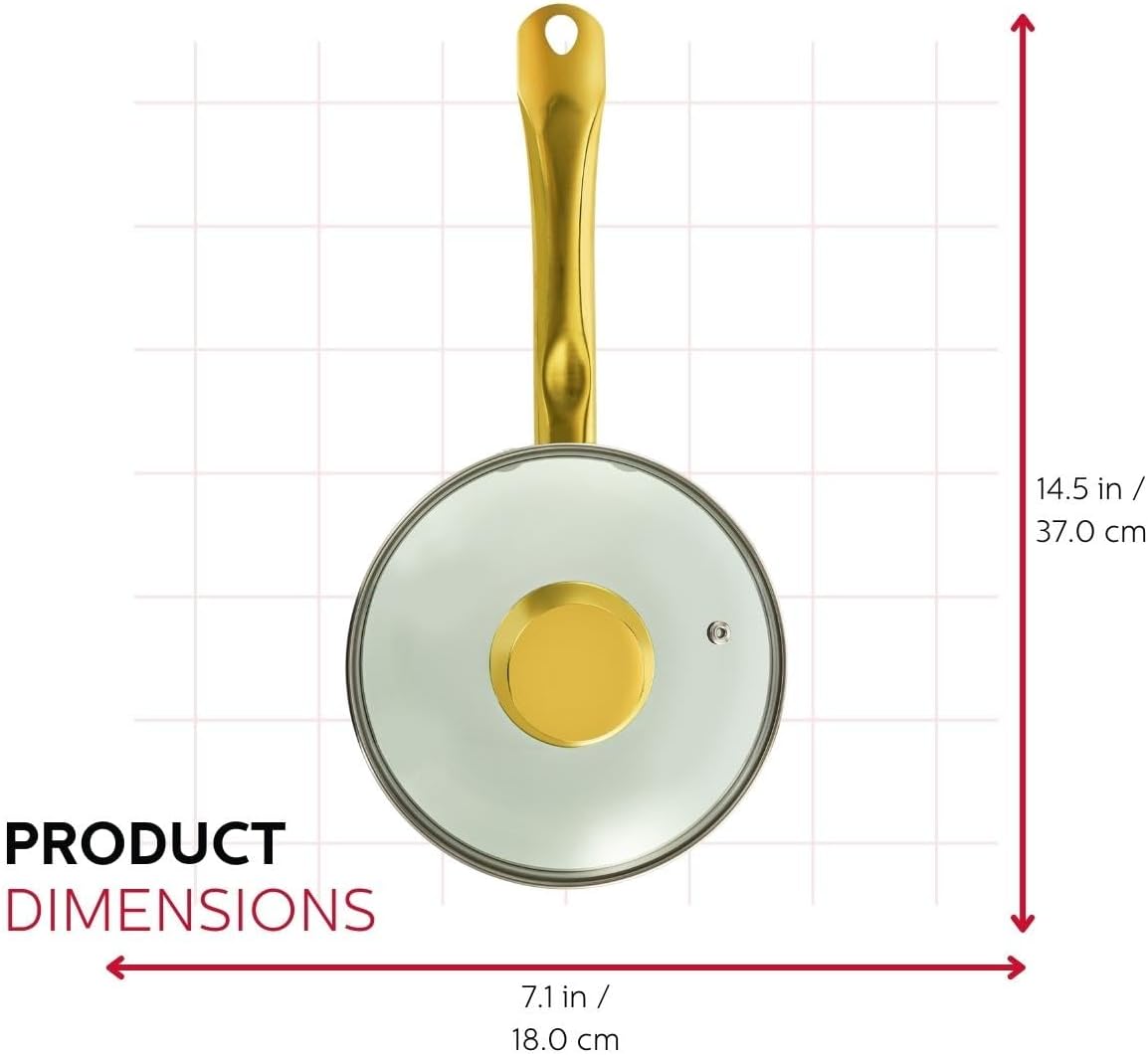 Holstein Housewares Cacerola antiadherente de cerámica blanca de 2.5 cuartos con tapa, color dorado y mango de acero inoxidable, elegancia dorada
