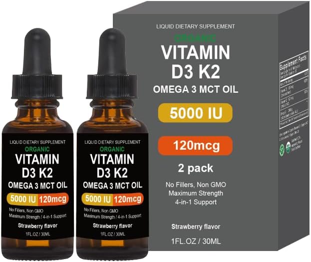 Gotas orgánicas de vitamina D3 + K2 sin OMG con Omega 3 incluye 5000 UI de vitamina D3 para una máxima fuerza, absorción más rápida y una inmunidad