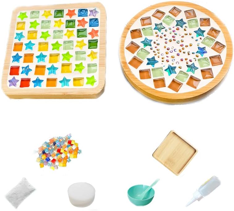 Azulejos de mosaico de vidrio, artesanías de madera para adultos, paquete de materiales de color mixto, kit de 2 piezas, decoración del hogar, regalo