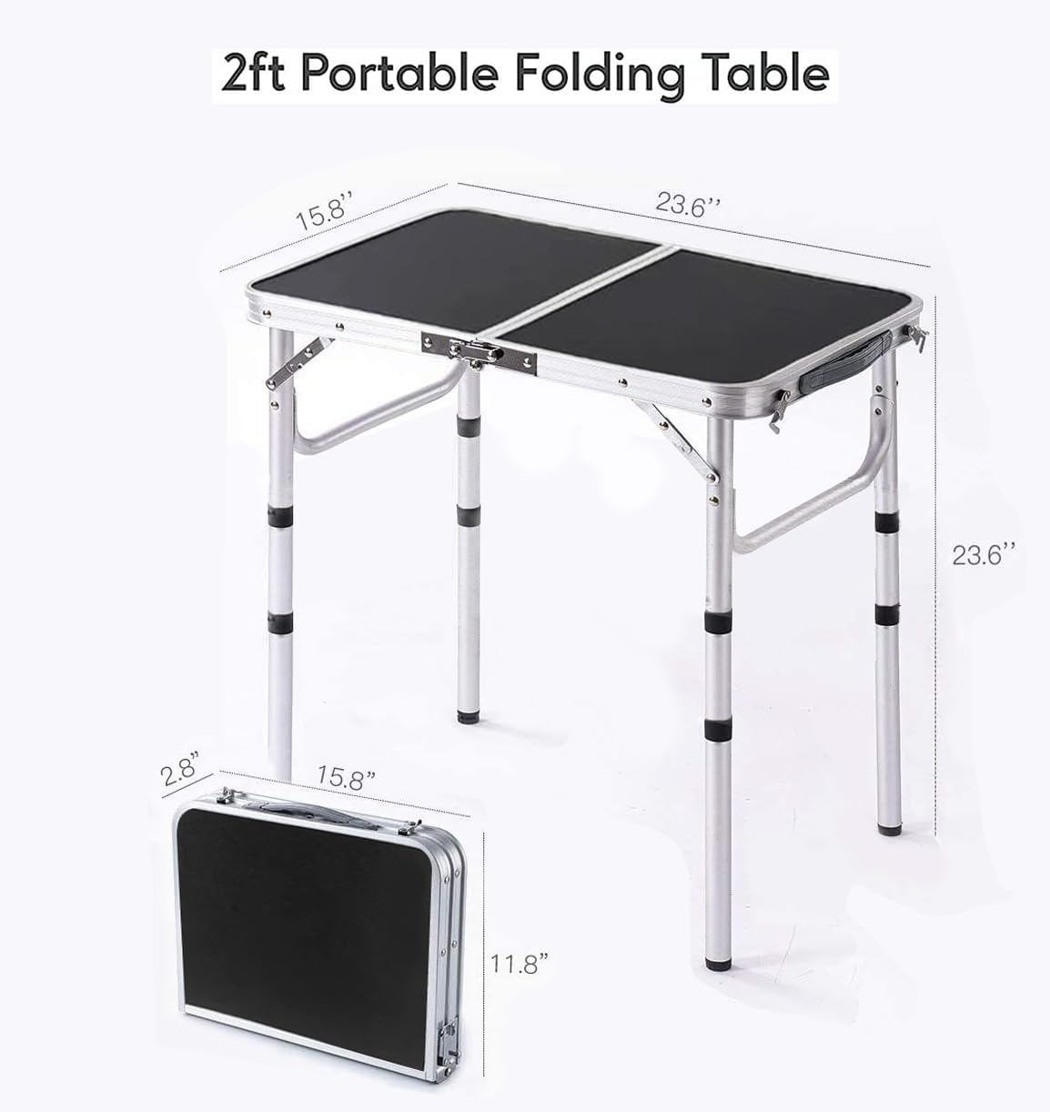 Mesa plegable pequeña de 2 pies, mesa de campamento portátil con soportes de malla, altura ajustable de aluminio ligero, con asa de transporte para