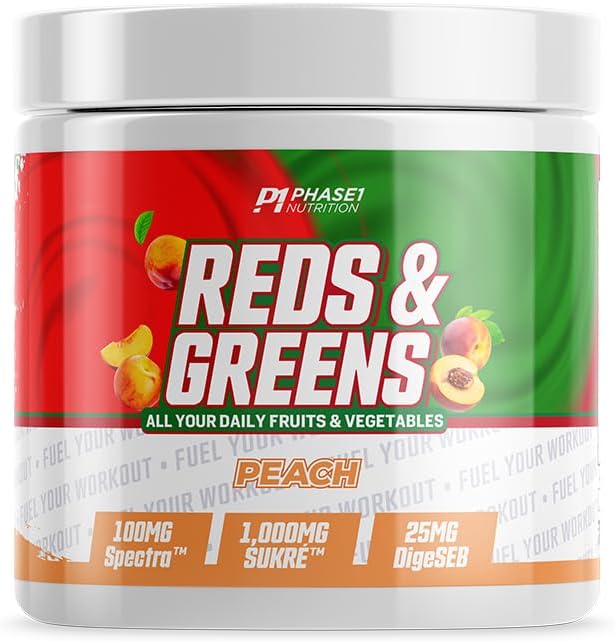 Reds and Greens Superfood Essentials with PhytoServ – Peach – Todo natural, antioxidantes, espirulina, hongos suplemento saludable para la