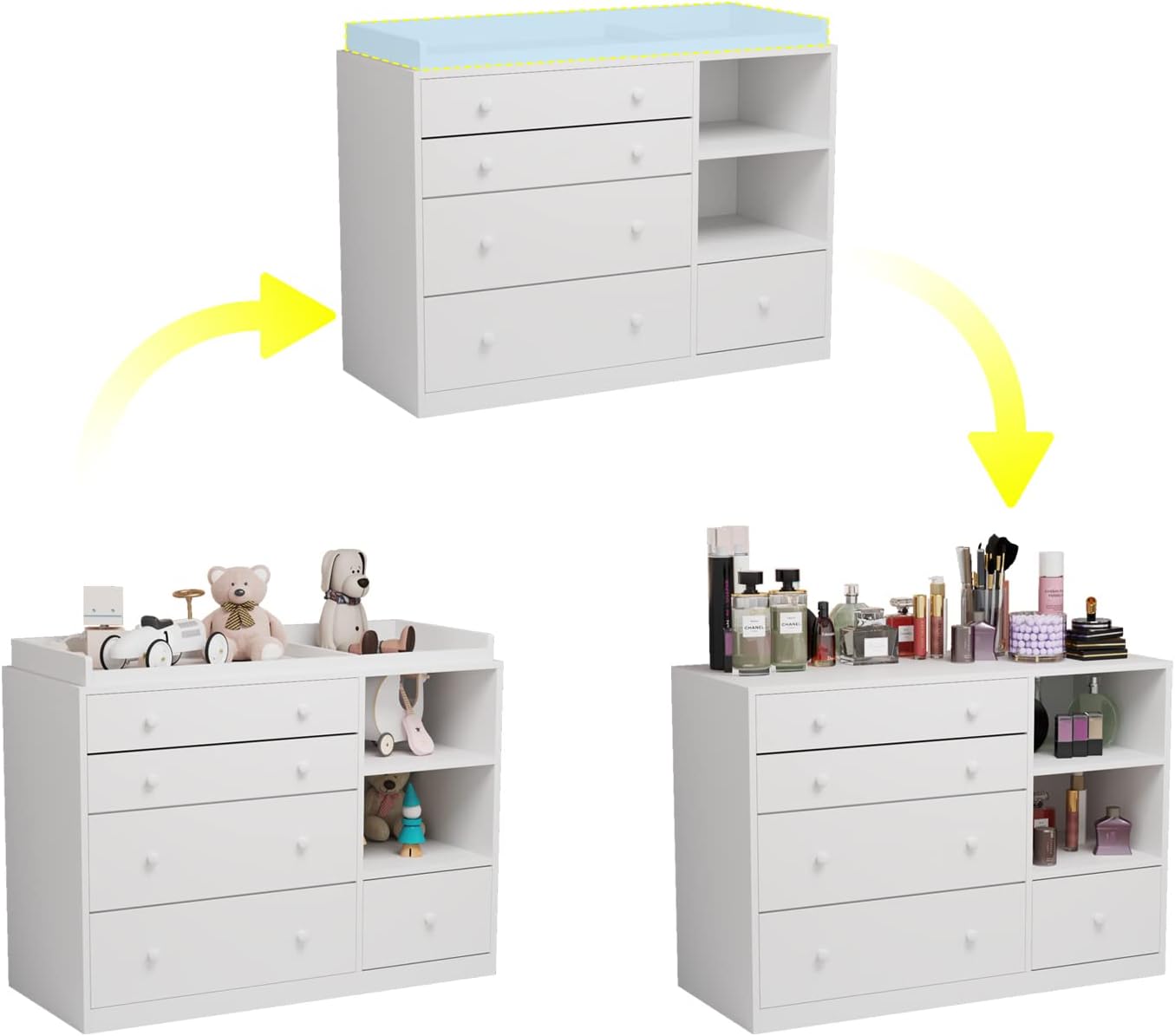 AIEGLE Cómoda de bebé, cómoda de dormitorio blanca con 5 cajones y estantes de almacenamiento, cómoda de madera para almacenamiento de habitación