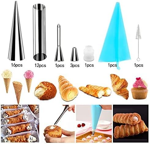 Juego de 35 tubos de forma de canoli, molde de cuerno crema, acero inoxidable antiadherente, 16 piezas en forma de cono y 12 moldes para hornear en