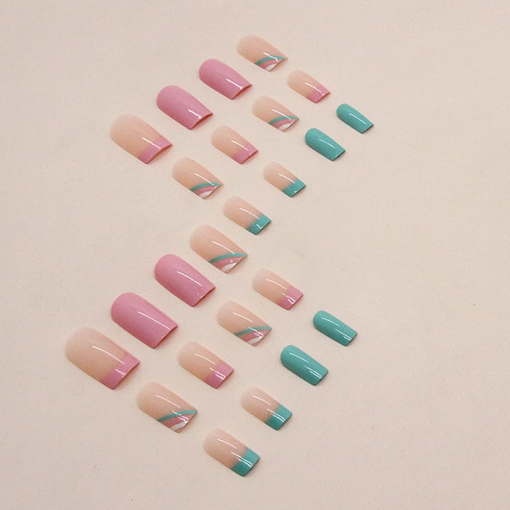 Uñas postizas de punta francesa, cuadradas, cortas, a presión, color sólido, uñas acrílicas con diseños de rayas rosas y verdes, uñas adhesivas