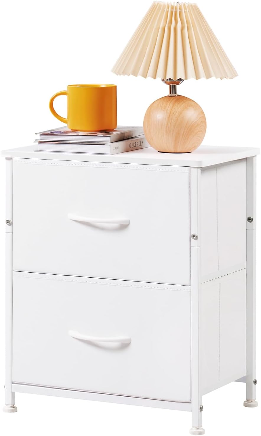 Somdot Mesita de noche, cómoda pequeña para dormitorio con 2 cajones, mesita de noche, mesa auxiliar con contenedores de tela para dormitorio,