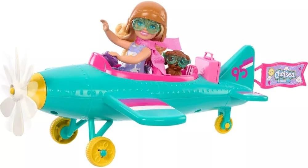 Barbie Chelsea Can Be – Juego de muñeca y avión, avión de 2 plazas con hélice de margarita giratoria y 7 accesorios, incluye cachorro y calcomanías