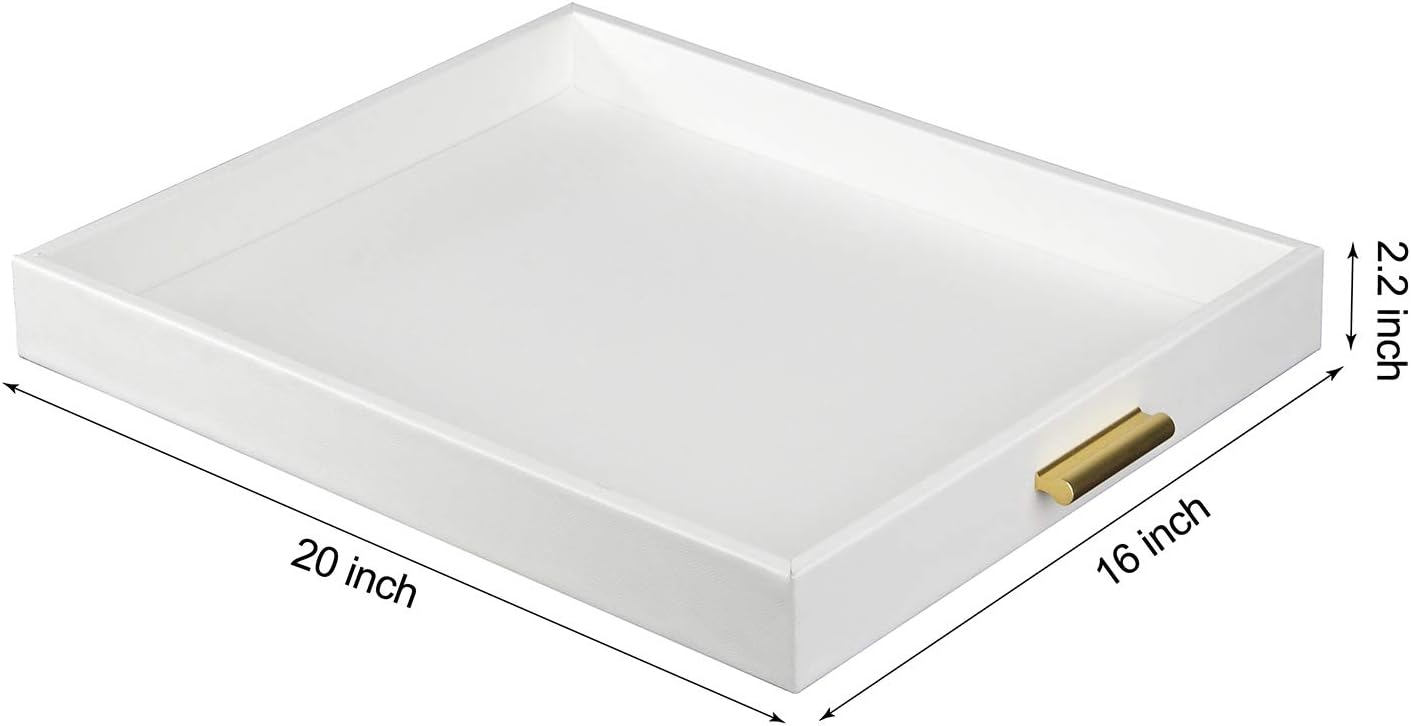 HofferRuffer Bandeja extra grande con asas, elegante bandeja decorativa de piel sintética para mesa auxiliar, otomana, mesa consola (bandeja blanca
