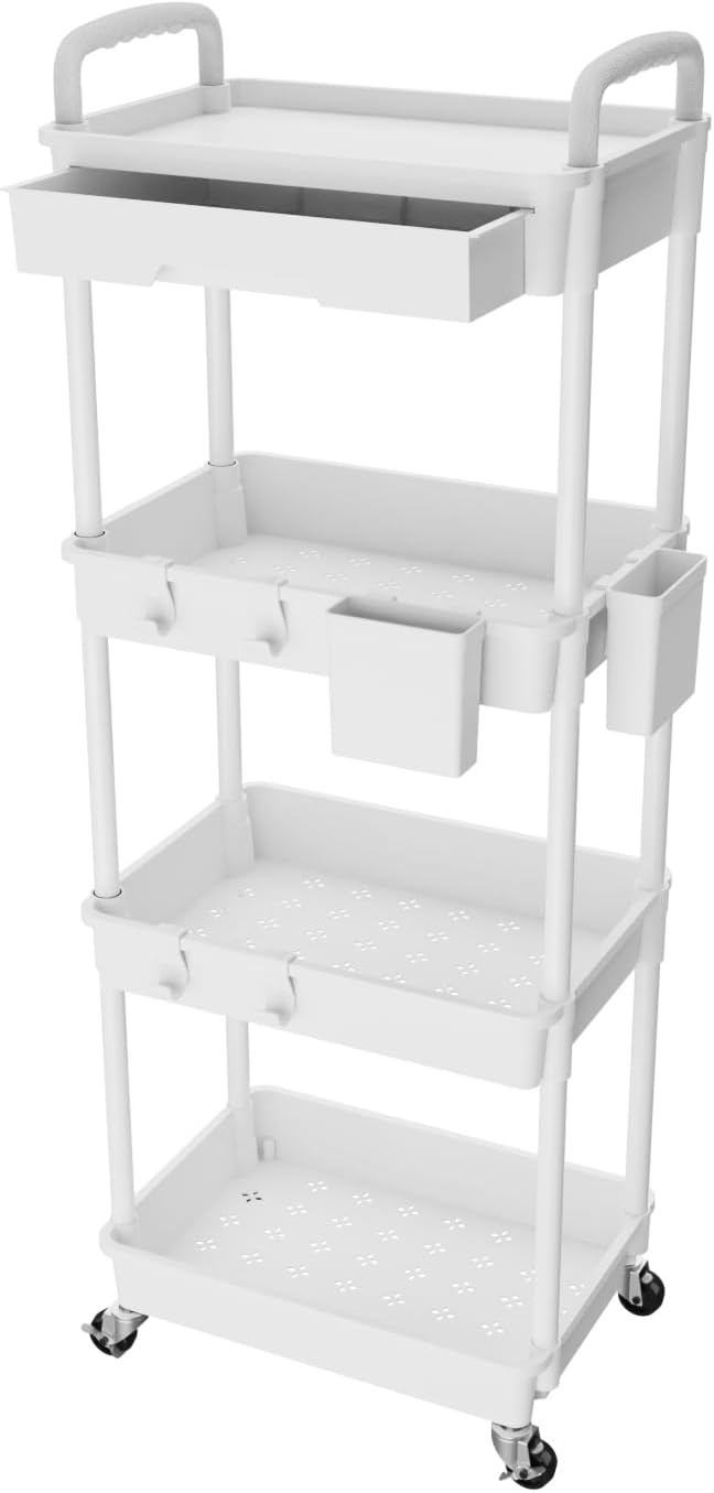 Carrito utilitario con ruedas de 4 niveles con cajón, carrito utilitario REBECAT hecho de organizador de almacenamiento multifuncional herramienta