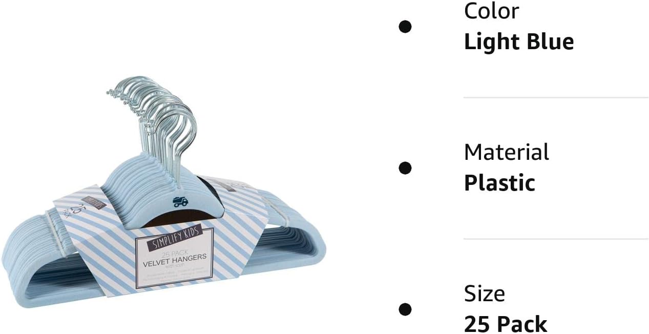 Simplify Paquete de 25 perchas de terciopelo para niños, delgadas, diseño antideslizante, ahorro de espacio, ropa para niños, camisas, pantalones,