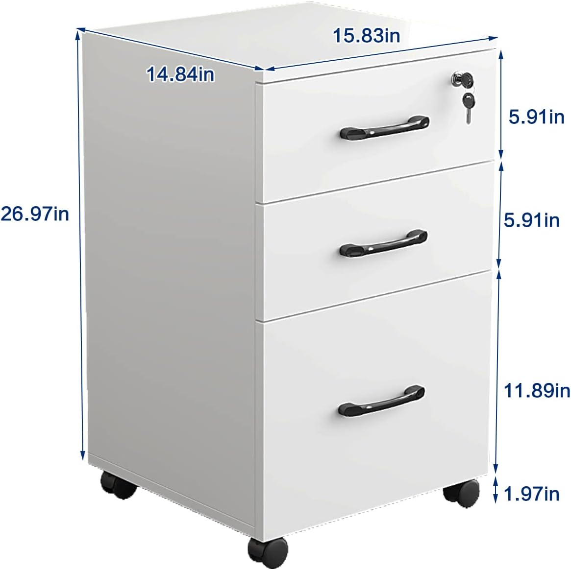 Archivador móvil de 3 cajones con cerradura, gabinete de llenado vertical blanco sobre ruedas, pequeño archivador rodante, gabinete debajo del