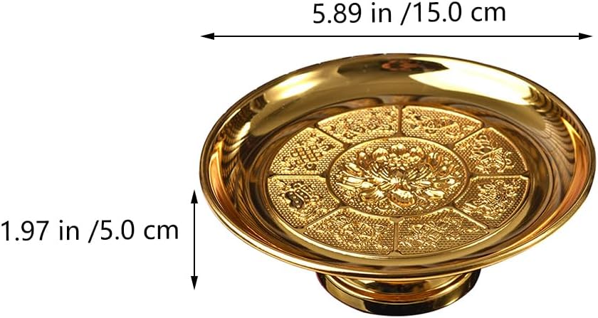 Cabilock Plato budista dorado vintage para ofrendas de agua, bandeja de frutas, cuenco de bendición, flor de loto, postre, soporte elevador de