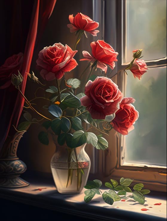 Kits de pintura de diamantes para adultos, arte de diamantes de flores, delicadas rosas rojas, bricolaje 5D, taladro redondo completo, diamantes de