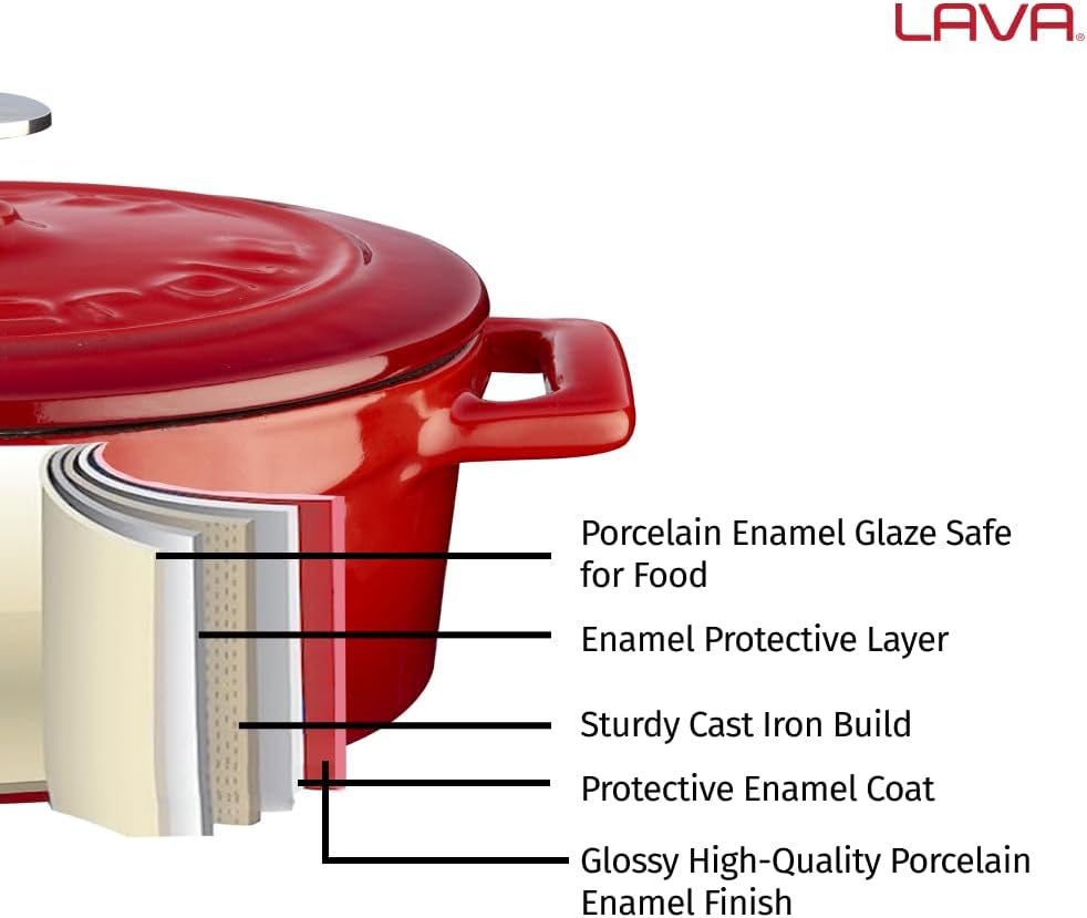 LAVA – Horno holandés de hierro fundido de 6.75 cuartos de galón olla holandesa de forma ovalada multiusos con tres capas de esmalte recubiertas con