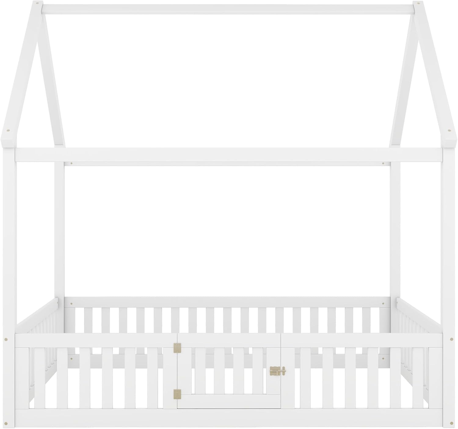 Marco de cama de casa para niños, cama Montessori de madera tamaño matrimonial con diseño de valla y puerta, cama de piso completo con rieles para