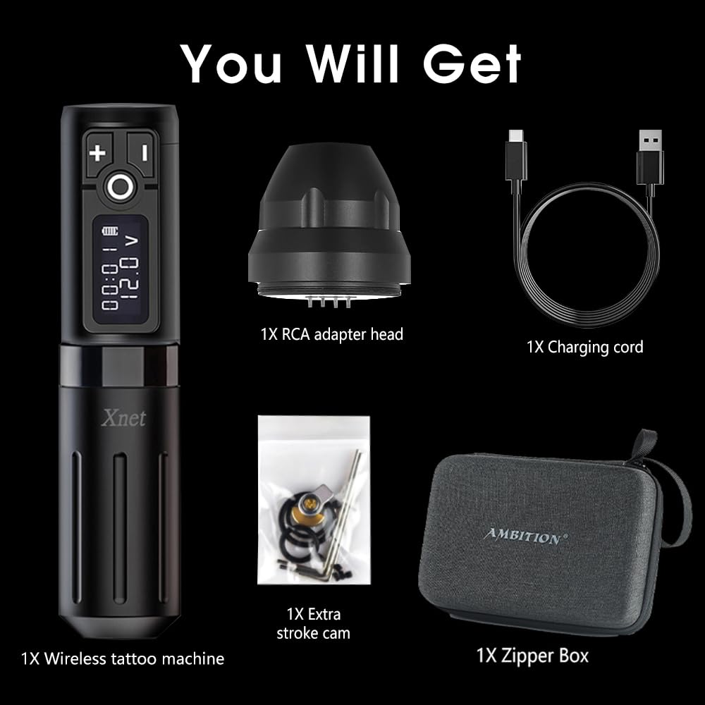 Ambition Rotary Tattoo Battery Pen Máquina de cartucho inalámbrico con fuente de alimentación de 2400 mAh Motor sin núcleo Pantalla LED digital
