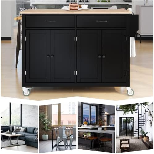 Elefesign – Carrito de isla de cocina con parte superior de madera maciza y ruedas de bloqueo, 54.3 pulgadas de ancho, armario de 4 puertas y dos