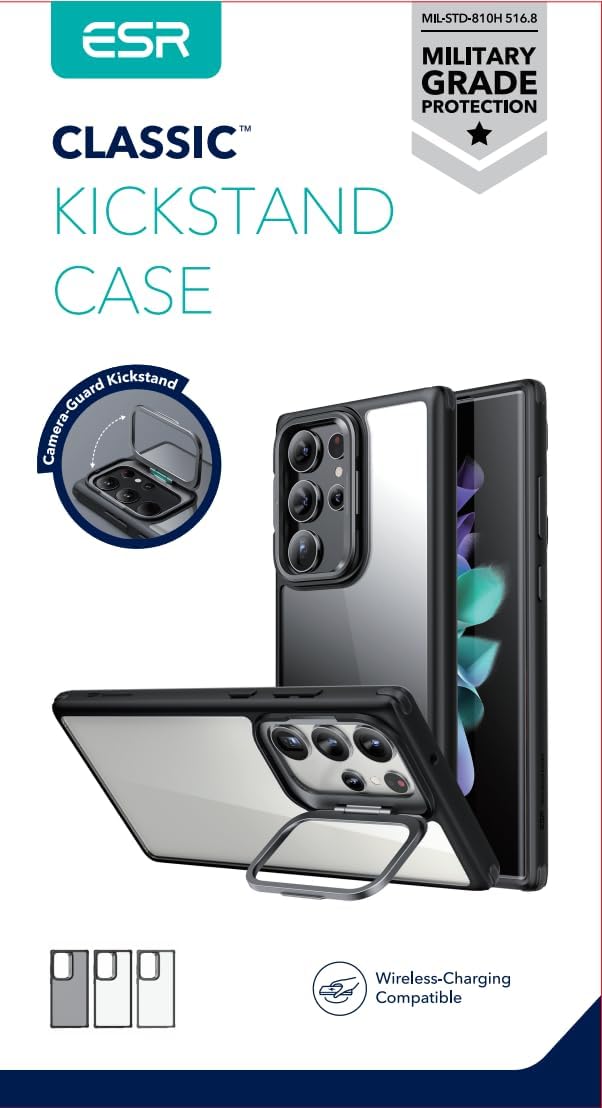 ESR Funda para Samsung Galaxy S23 Ultra, funda para teléfono S23 Ultra con soporte clásico, soporte de anillo de cámara integrado, protección de