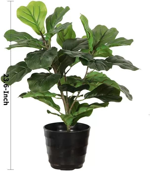 23.6-Inch Mini Artificial Fiddle Leaf Fig Plant Realistic IndoorOutdoor Faux Ficus Lyrata Tree in Pot, Premium Quality, All-Year Green Home Office