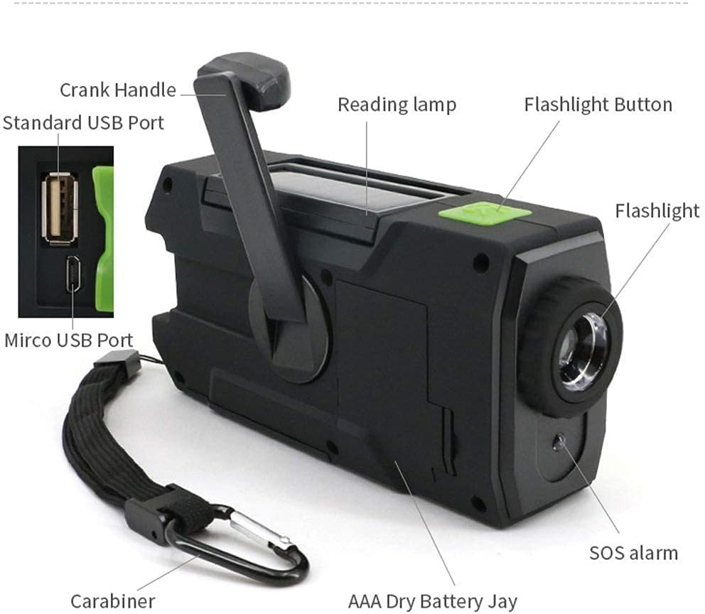 Radio solar de emergencia con luz de lectura LED Radio FM de manivela de mano 2000 mAh Banco de energía 3W linterna luz de lectura y campamento