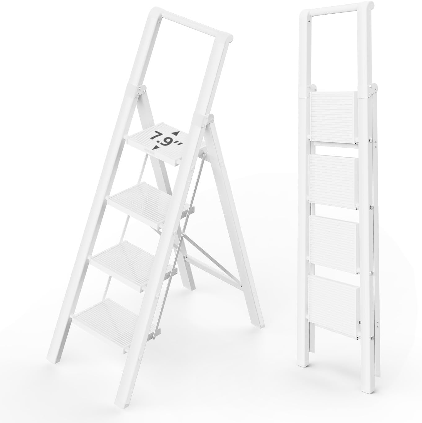 Escalera de 4 peldaños con peldaños anchos, escalera plegable de aluminio con pies antideslizantes, escalera ligera portátil con asa, fácil de