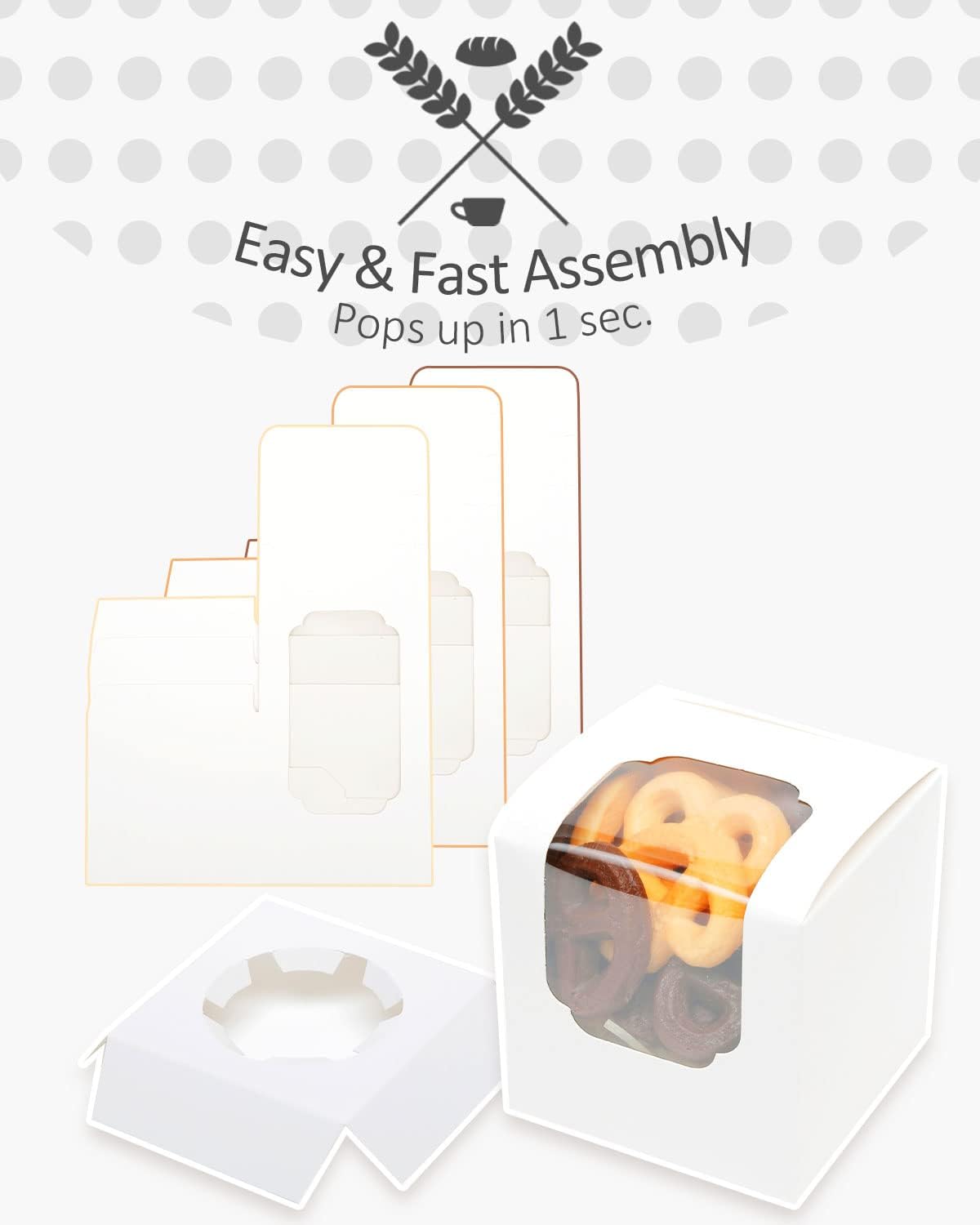 qiqee Paquete de 60 cajas para magdalenas autoemergentes individuales para cupcakes, color blanco, 3.5 x 3.5 x 3.5 pulgadas, cajas individuales para