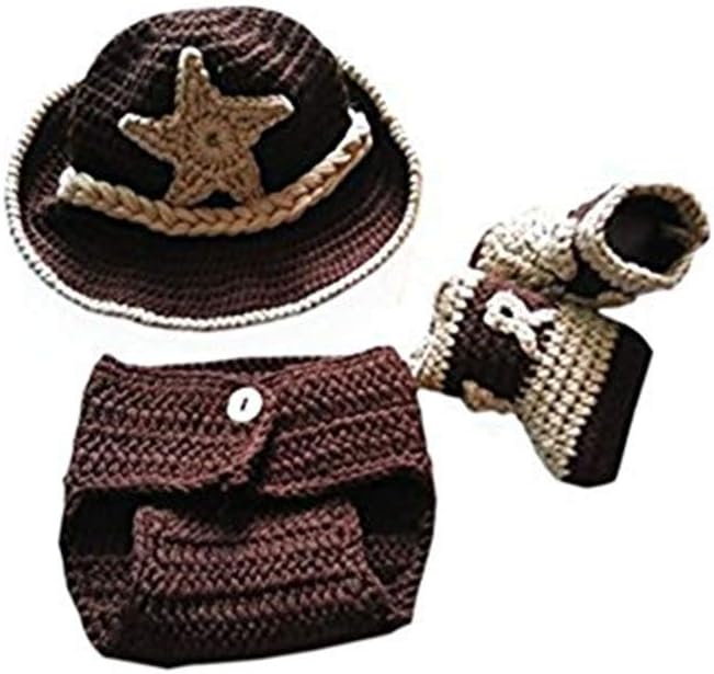 Pinbo Newborn baby Crochet Photo Prop Cowboy Set Hat Boots Diaper Cover Costume